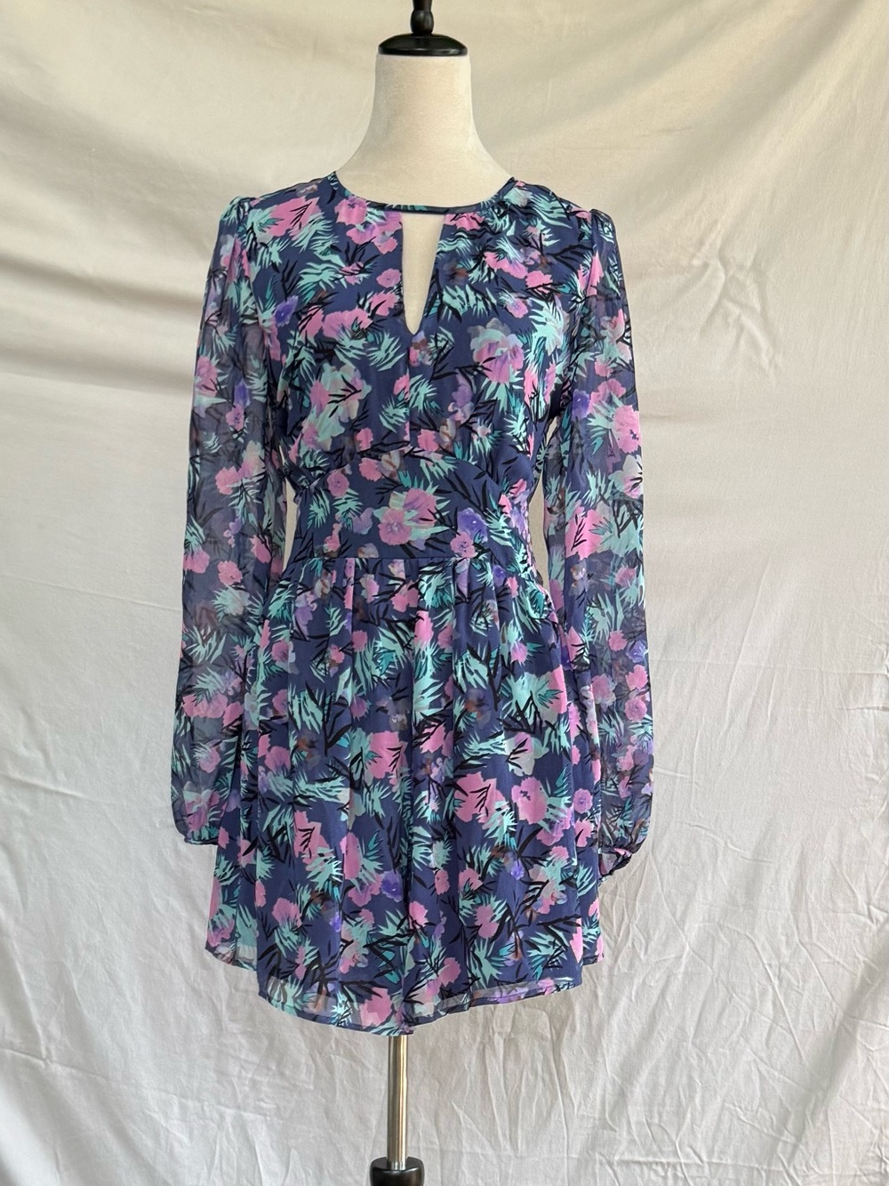 Aqua Navy Floral Long-Sleeve Keyhole Mini Dress with Pink & Teal Accents